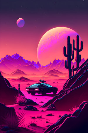 Retrowave Mars landscape, Vintage style illustration, AI Generatedの素材