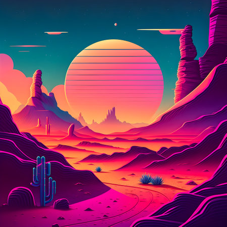 Retrowave Mars landscape, Vintage style illustration, AI Generatedの素材