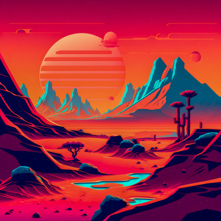 Retrowave Mars landscape, Vintage style illustration, AI Generatedの素材