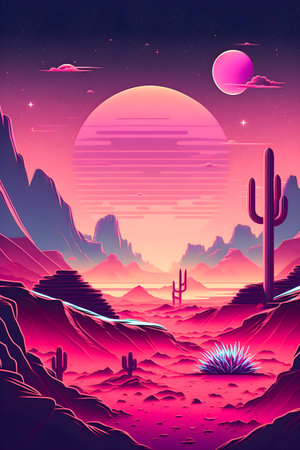 Retrowave Mars landscape, Vintage style illustration, AI Generatedの素材
