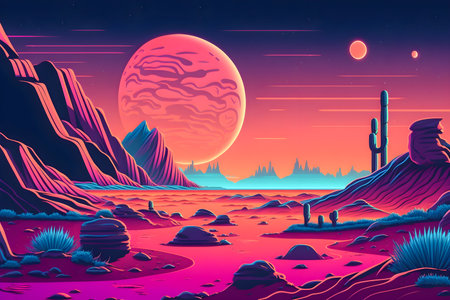 Retrowave Mars landscape, Vintage style illustration, AI Generatedの素材