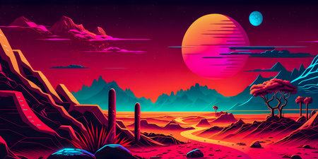 Retrowave Mars landscape, Vintage style illustration, AI Generatedの素材