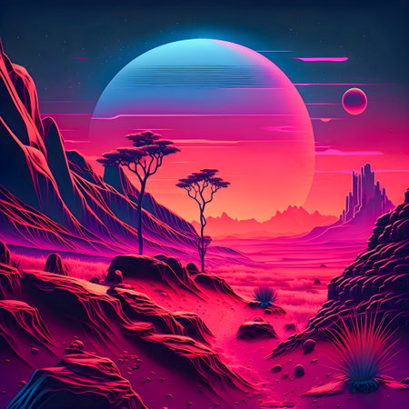 Retrowave Mars landscape, Vintage style illustration, AI Generatedの素材
