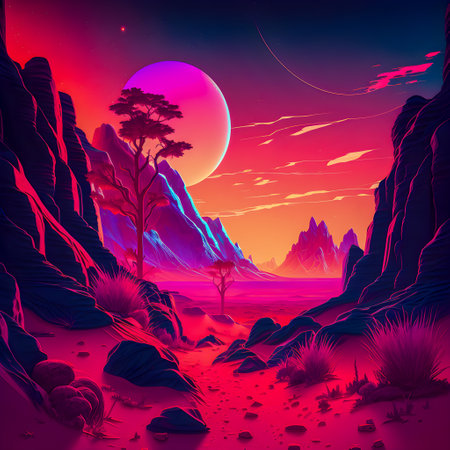 Retrowave Mars landscape, Vintage style illustration, AI Generatedの素材