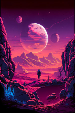 Retrowave Mars landscape, Vintage style illustration, AI Generatedの素材