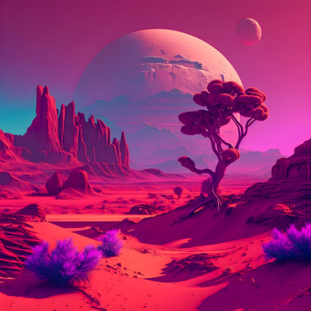 Vaporwave Mars landscape, Vintage style illustration, AI Generatedの素材