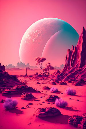 Vaporwave Mars landscape, Vintage style illustration, AI Generatedの素材