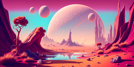 Vaporwave Mars landscape, Vintage style illustration, AI Generatedの素材