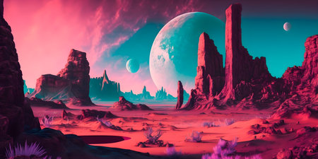 Vaporwave Mars landscape, Vintage style illustration, AI Generatedの素材