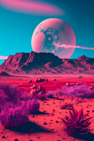 Vaporwave Mars landscape, Vintage style illustration, AI Generatedの素材