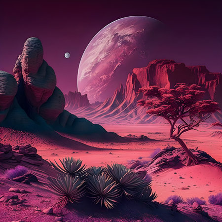 Vaporwave Mars landscape, Vintage style illustration, AI Generatedの素材