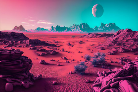 Vaporwave Mars landscape, Vintage style illustration, AI Generatedの素材