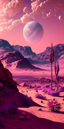 Vaporwave Mars landscape, Vintage style illustration, AI Generatedの素材