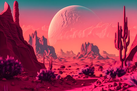 Vaporwave Mars landscape, Vintage style illustration, AI Generatedの素材