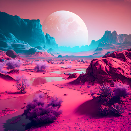 Vaporwave Mars landscape, Vintage style illustration, AI Generatedの素材