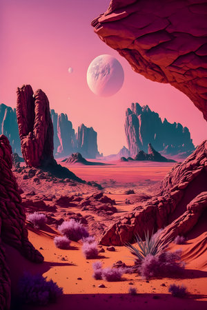 Vaporwave Mars landscape, Vintage style illustration, AI Generatedの素材