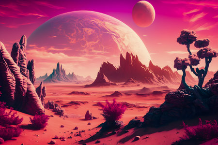 Vaporwave Mars landscape, Vintage style illustration, AI Generatedの素材