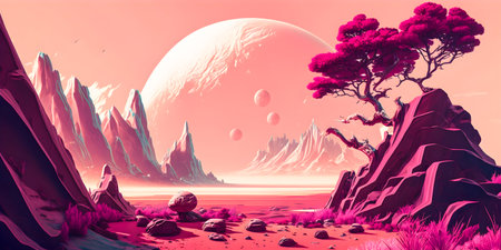 Vaporwave Mars landscape, Vintage style illustration, AI Generatedの素材
