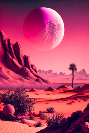 Vaporwave Mars landscape, Vintage style illustration, AI Generatedの素材