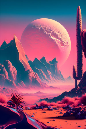 Vaporwave Mars landscape, Vintage style illustration, AI Generatedの素材
