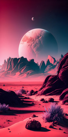Vaporwave Mars landscape, Vintage style illustration, AI Generatedの素材