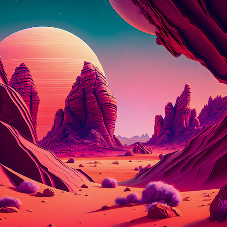 Vaporwave Mars landscape, Vintage style illustration, AI Generatedの素材