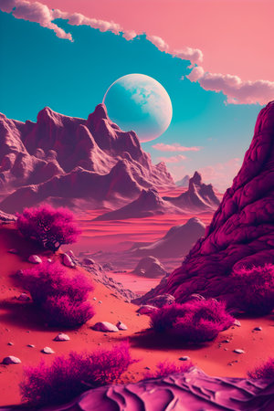 Vaporwave Mars landscape, Vintage style illustration, AI Generatedの素材