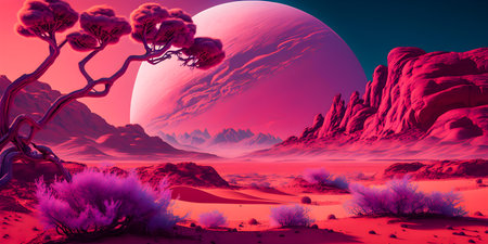 Vaporwave Mars landscape, Vintage style illustration, AI Generatedの素材