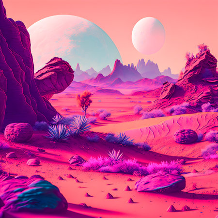Vaporwave Mars landscape, Vintage style illustration, AI Generatedの素材