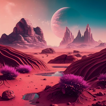 Vaporwave Mars landscape, Vintage style illustration, AI Generatedの素材