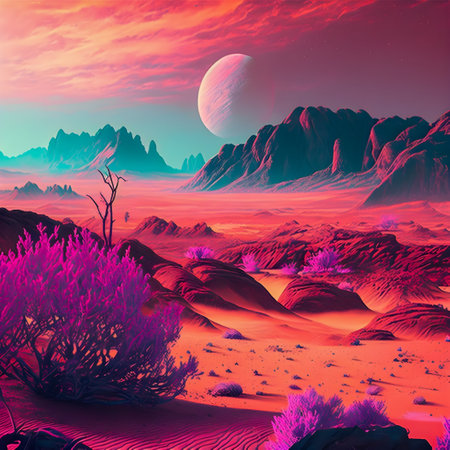 Vaporwave Mars landscape, Vintage style illustration, AI Generatedの素材