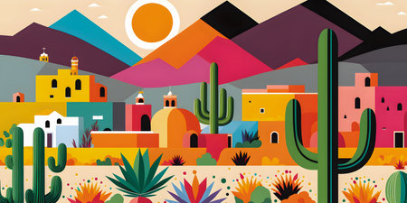 Mexico landscape, flat design illustration, mexican summer, AI Generatedの素材