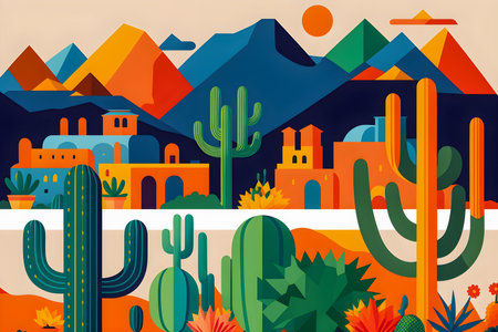 Mexico landscape, flat design illustration, mexican summer, AI Generatedの素材