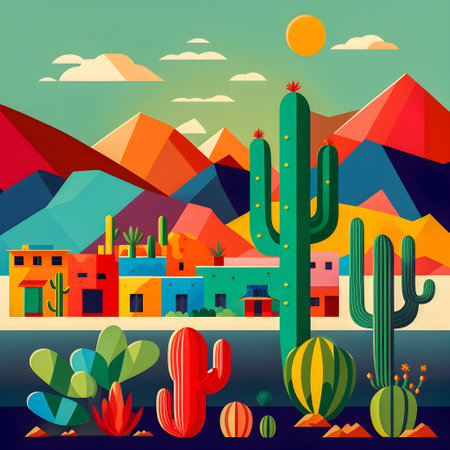 Mexico landscape, flat design illustration, mexican summer, AI Generatedの素材