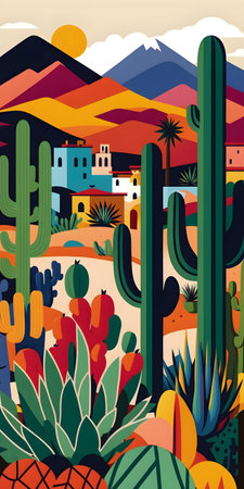 Mexico landscape, flat design illustration, mexican summer, AI Generatedの素材