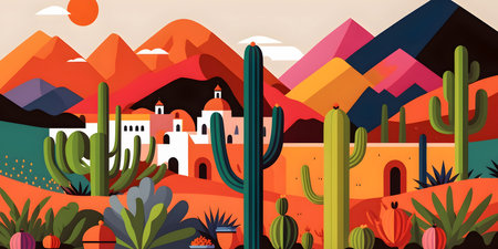 Mexico landscape, flat design illustration, mexican summer, AI Generatedの素材