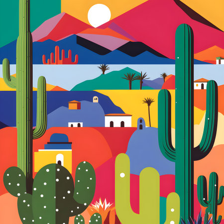 Mexico landscape, flat design illustration, mexican summer, AI Generatedの素材