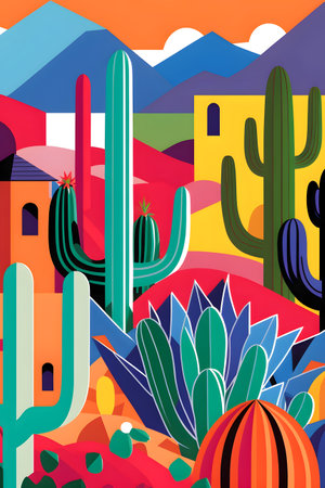 Mexico landscape, flat design illustration, mexican summer, AI Generatedの素材