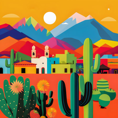 Mexico landscape, flat design illustration, mexican summer, AI Generatedの素材