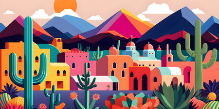 Mexico landscape, flat design illustration, mexican summer, AI Generatedの素材