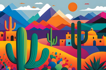Mexico landscape, flat design illustration, mexican summer, AI Generatedの素材
