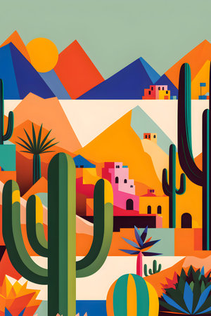 Mexico landscape, flat design illustration, mexican summer, AI Generatedの素材