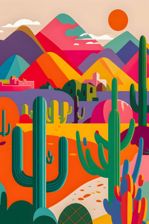 Mexico landscape, flat design illustration, mexican summer, AI Generatedの素材