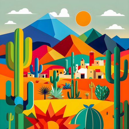 Mexico landscape, flat design illustration, mexican summer, AI Generatedの素材