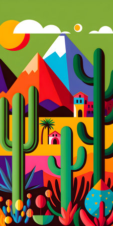 Mexico landscape, flat design illustration, mexican summer, AI Generatedの素材