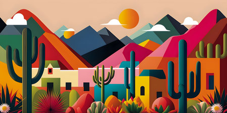 Mexico landscape, flat design illustration, mexican summer, AI Generatedの素材