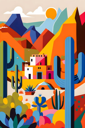 Mexico landscape, flat design illustration, mexican summer, AI Generatedの素材