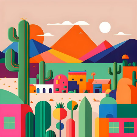 Mexico landscape, flat design illustration, mexican summer, AI Generatedの素材