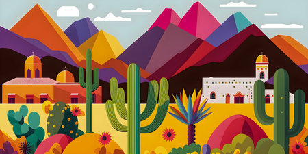 Mexico landscape, flat design illustration, mexican summer, AI Generatedの素材