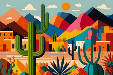 Mexico landscape, flat design illustration, mexican summer, AI Generatedの素材